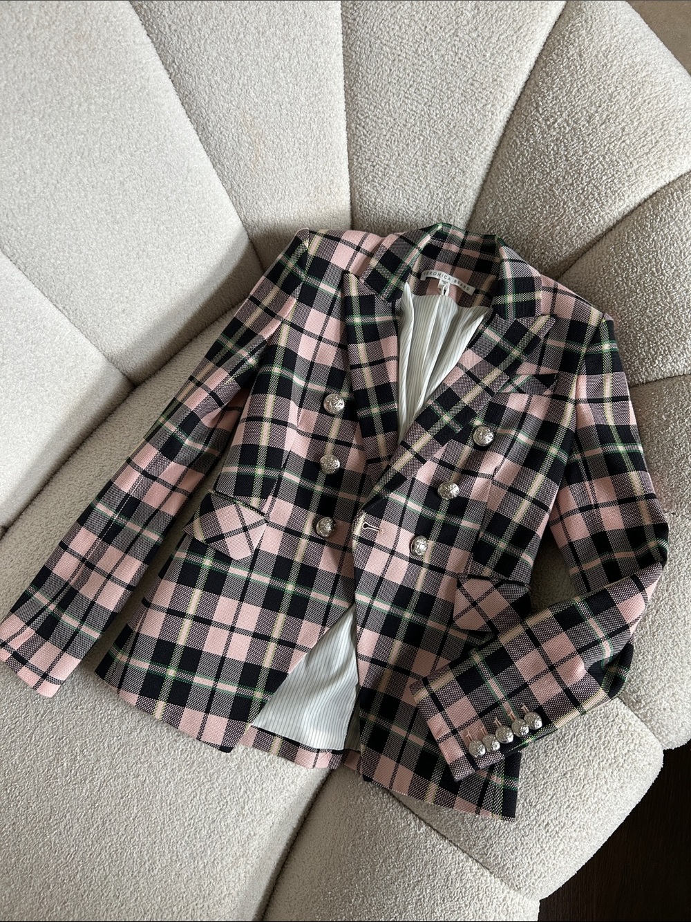 Veronica Beard Pink and Black Plaid Double-Breasted Blazer